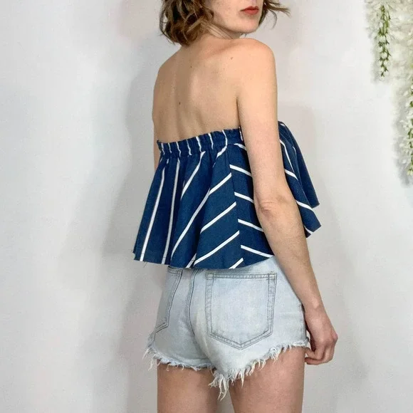 NWT FAITHFULL Suns Out Top linen strapless frayed cropped navy white striped - Picture 14 of 15